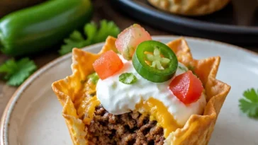 Mini Taco-Cupcakes mit Rinderhackfleisch und Käse auf einem Teller