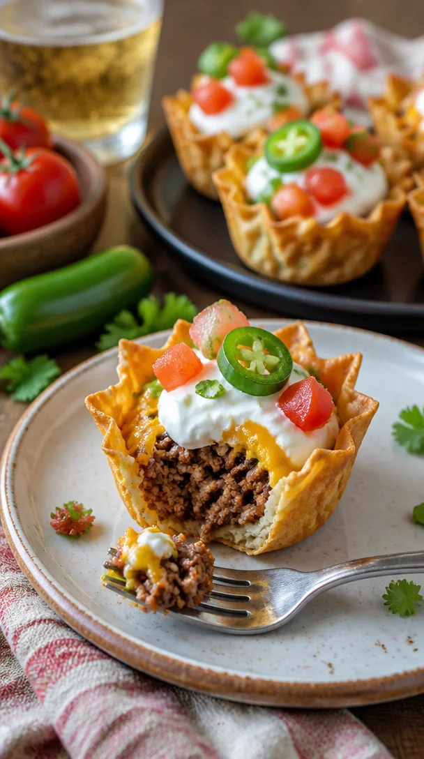 Mini Taco-Cupcakes mit Rinderhackfleisch und Käse auf einem Teller