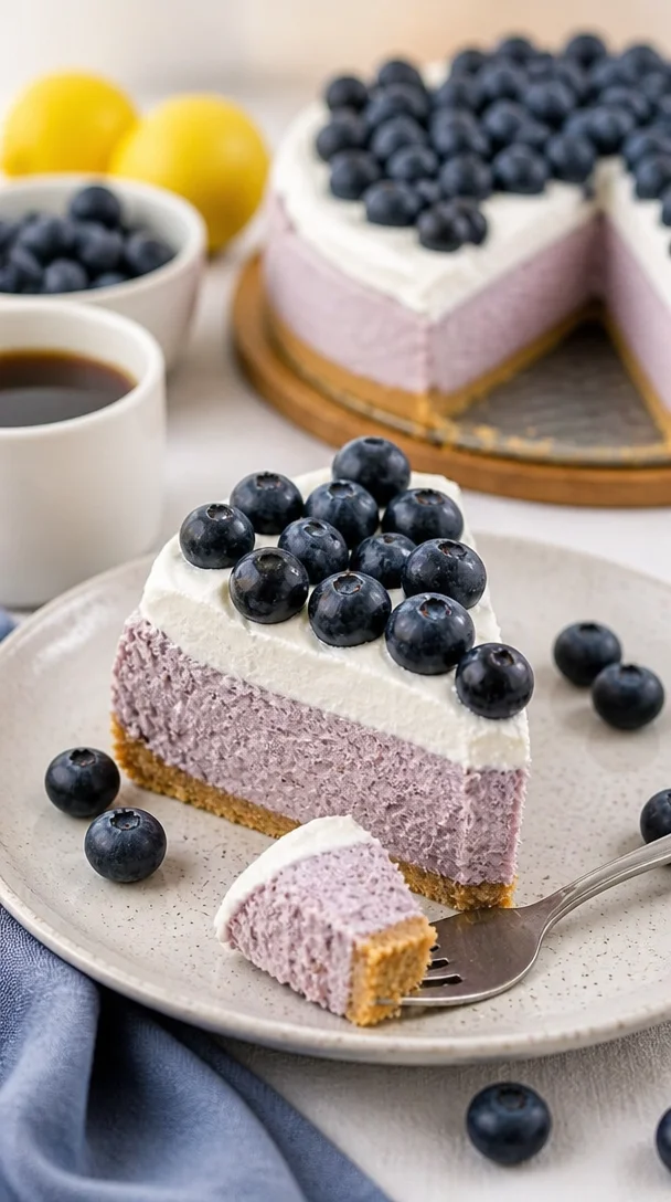No Bake Blaubeerkäsekuchen mit frischen Blaubeeren und cremigem Käsebelag