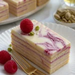 No-Bake Himbeer-Cheesecakes mit frischen Himbeeren auf einem Teller