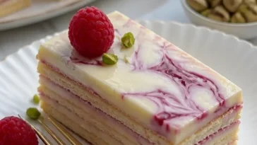 No-Bake Himbeer-Cheesecakes mit frischen Himbeeren auf einem Teller