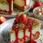 No-Bake Pistazien-Erdbeer-Käsekuchen auf einem Teller, dekoriert mit Erdbeeren.