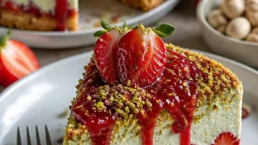 No-Bake Pistazien-Erdbeer-Käsekuchen auf einem Teller, dekoriert mit Erdbeeren.