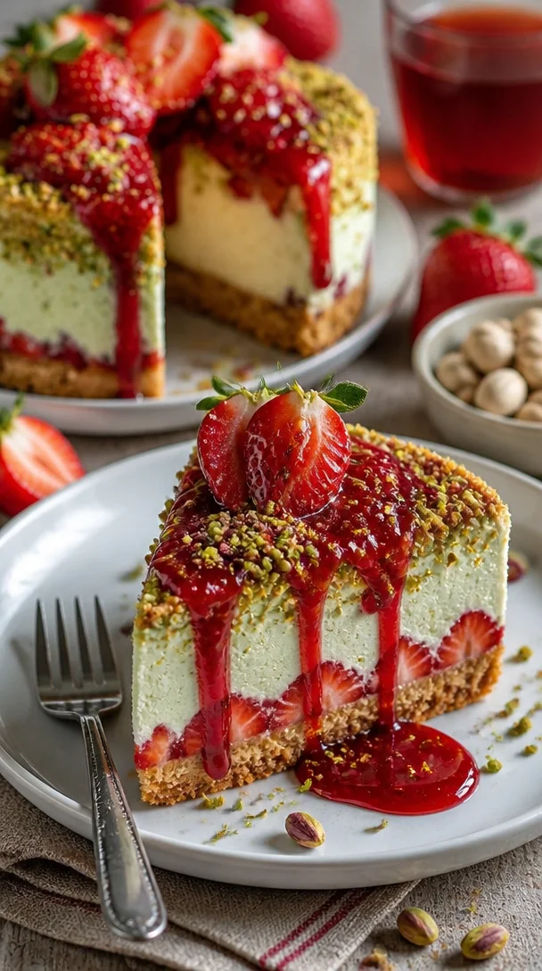 No-Bake Pistazien-Erdbeer-Käsekuchen auf einem Teller, dekoriert mit Erdbeeren.