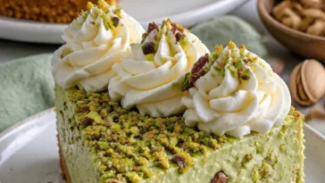 No-Bake Pistazienpudding-Käsekuchen mit cremiger Füllung und Pistazien-Topping