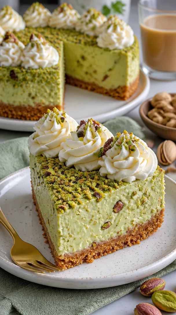 No-Bake Pistazienpudding-Käsekuchen mit cremiger Füllung und Pistazien-Topping