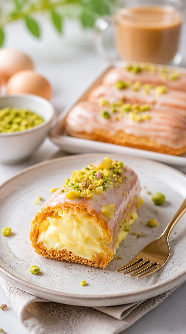 Nussige Pistazien-Éclairs auf einem eleganten Teller