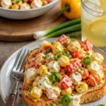 Paprika-Mais-Salat mit Feta und Joghurt-Dressing in einer bunten Schüssel