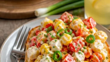Paprika-Mais-Salat mit Feta und Joghurt-Dressing in einer bunten Schüssel
