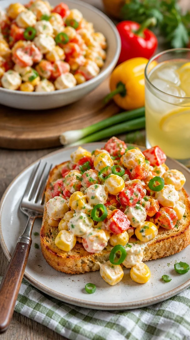 Paprika-Mais-Salat mit Feta und Joghurt-Dressing in einer bunten Schüssel