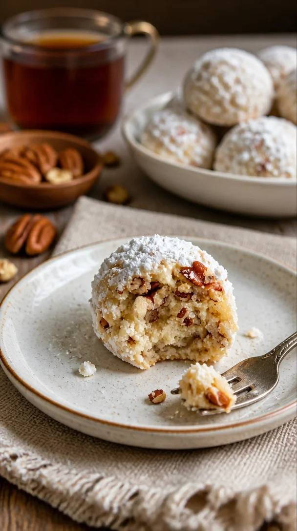 Leckere Pecan-Schneebälle auf einem Teller