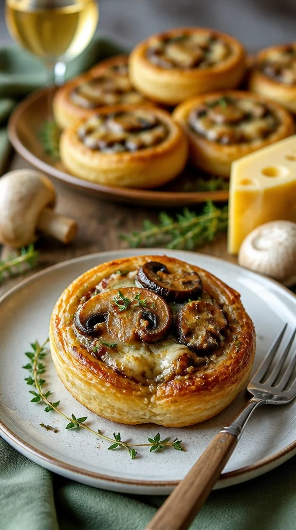Käse-Pinwheels mit Pilzen gefüllt, serviert auf einem Teller