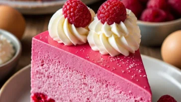 Pink Velvet Cake mit Himbeer-Cheesecake-Schicht auf einem eleganten Teller.