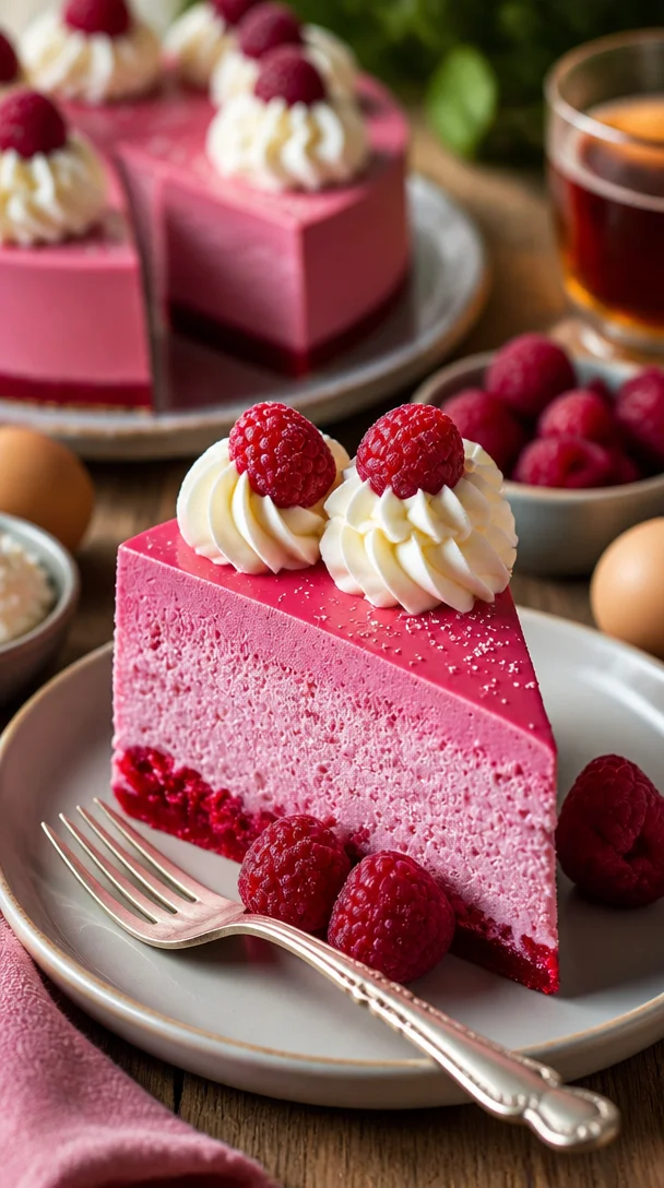 Pink Velvet Cake mit Himbeer-Cheesecake-Schicht auf einem eleganten Teller.