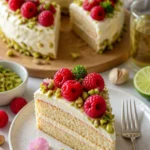 Pistazienkuchen mit Himbeeren und Limetten-Creamcheese-Frosting auf einem Teller