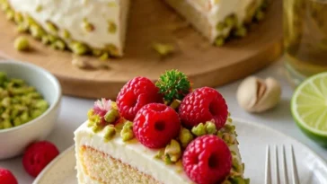 Pistazienkuchen mit Himbeeren und Limetten-Creamcheese-Frosting auf einem Teller