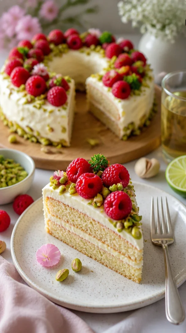 Pistazienkuchen mit Himbeeren und Limetten-Creamcheese-Frosting auf einem Teller