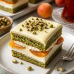 Pistazien-Opera-Torte auf einem eleganten Teller, dekoriert mit Schokolade und Pistazien