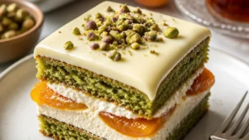 Pistazien-Opera-Torte auf einem eleganten Teller, dekoriert mit Schokolade und Pistazien