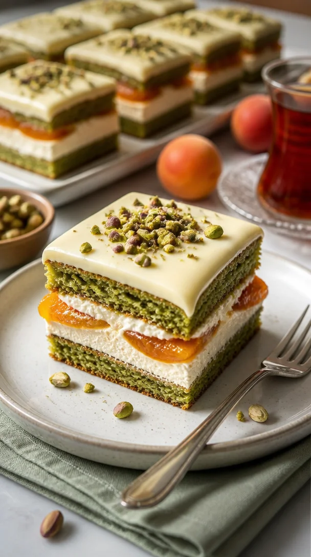 Pistazien-Opera-Torte auf einem eleganten Teller, dekoriert mit Schokolade und Pistazien