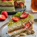 Köstlicher Pistazien-Erdbeerkuchen mit frischen Erdbeeren und Pistazien, perfekt zum Genießen.
