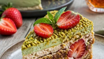 Köstlicher Pistazien-Erdbeerkuchen mit frischen Erdbeeren und Pistazien, perfekt zum Genießen.