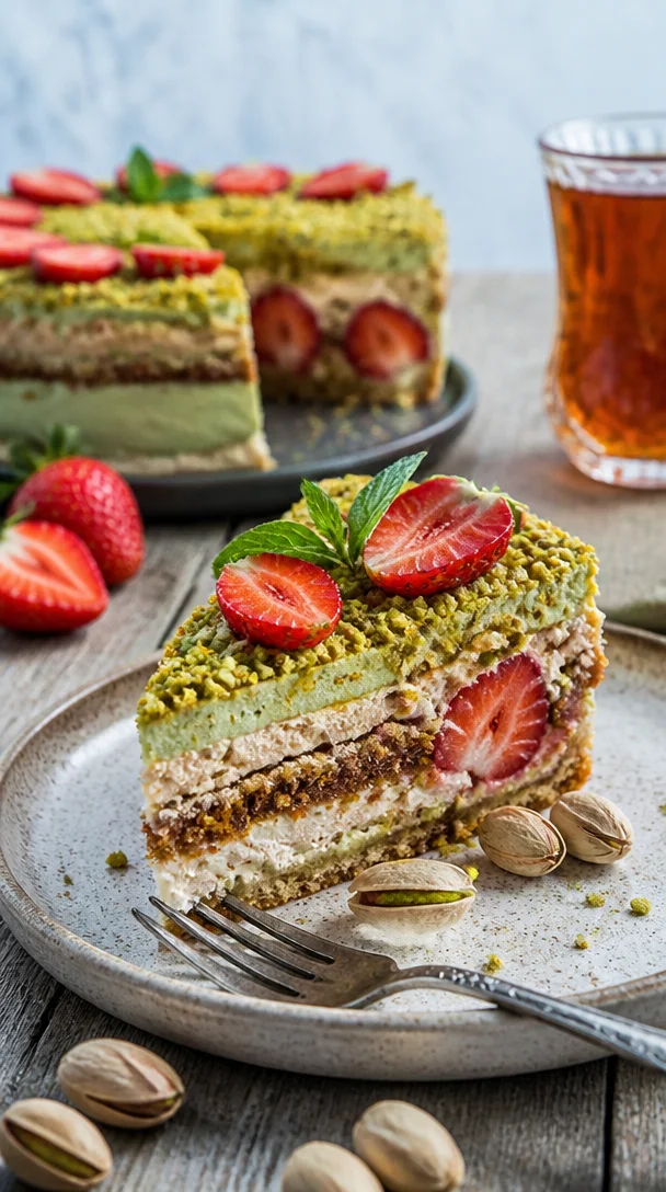 Köstlicher Pistazien-Erdbeerkuchen mit frischen Erdbeeren und Pistazien, perfekt zum Genießen.