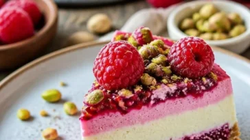 Pistazien-Himbeer-Crunch-Cheesecake mit knackigem Topping