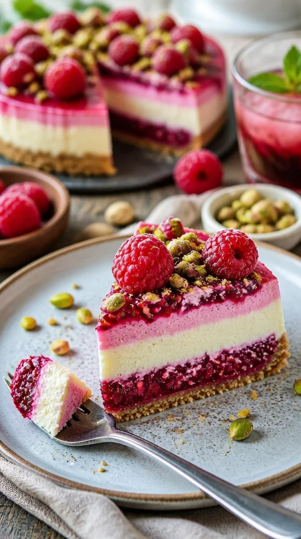Pistazien-Himbeer-Crunch-Cheesecake mit knackigem Topping