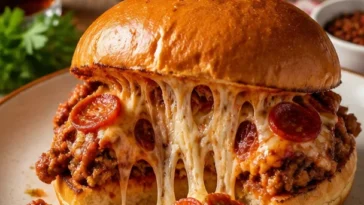 Leckere Pizza Sloppy Joes auf einem Teller serviert