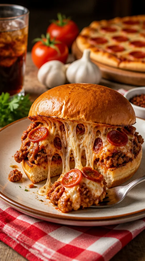 Leckere Pizza Sloppy Joes auf einem Teller serviert