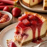 Rhabarber-Käsekuchen mit einer goldbraunen Kruste und frischen Rhabarberstücken.