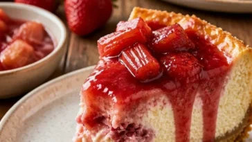 Rhabarber-Käsekuchen mit einer goldbraunen Kruste und frischen Rhabarberstücken.