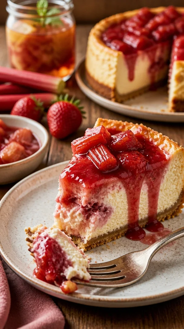 Rhabarber-Käsekuchen mit einer goldbraunen Kruste und frischen Rhabarberstücken.