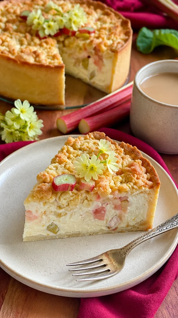 Rhabarber-Cheesecake mit knusprigem Crumble auf einem Teller serviert