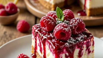 Rosa Samt Himbeerkäsekuchen mit frischen Himbeeren und cremiger Käsekuchenfüllung