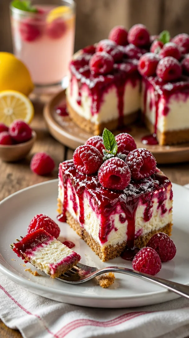 Rosa Samt Himbeerkäsekuchen mit frischen Himbeeren und cremiger Käsekuchenfüllung