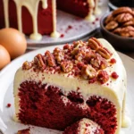 Roter Samtkuchen mit Frischkäse-Glasur auf einem dekorativen Teller