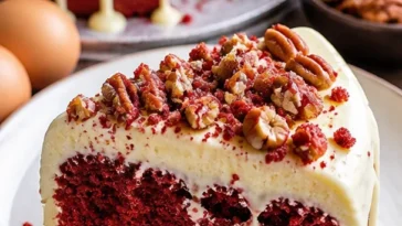 Roter Samtkuchen mit Frischkäse-Glasur auf einem dekorativen Teller
