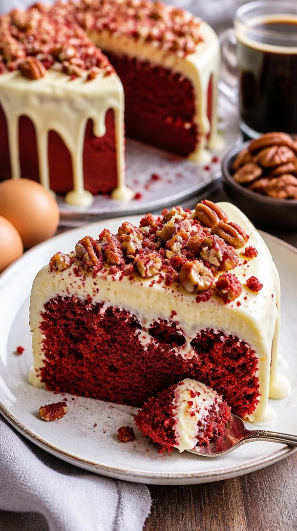 Roter Samtkuchen mit Frischkäse-Glasur auf einem dekorativen Teller