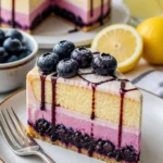 Saftiger Blaubeerkuchen mit cremiger Käsekuchen-Schicht auf einem Teller