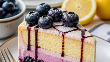 Saftiger Blaubeerkuchen mit cremiger Käsekuchen-Schicht auf einem Teller