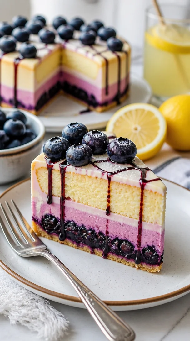 Saftiger Blaubeerkuchen mit cremiger Käsekuchen-Schicht auf einem Teller