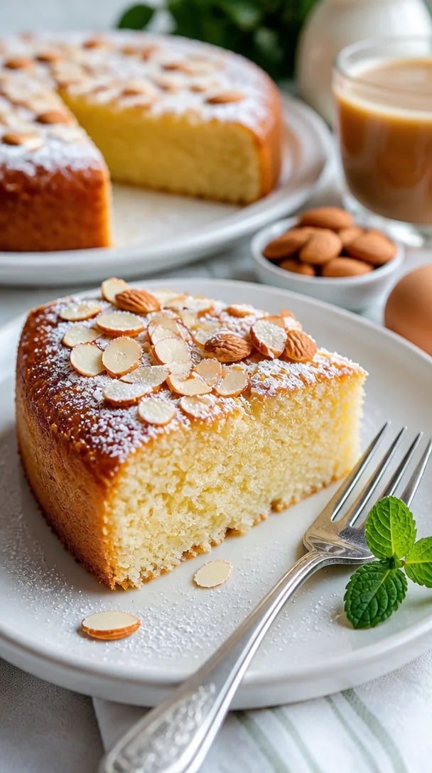 Saftiger Buttermilchkuchen mit Mandeln auf einem Teller