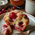 Frische Sauerteig-Kirschmuffins auf einem Holzbrett, verziert mit Kirschen.