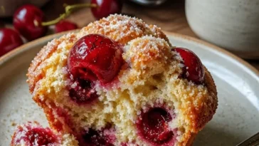 Frische Sauerteig-Kirschmuffins auf einem Holzbrett, verziert mit Kirschen.