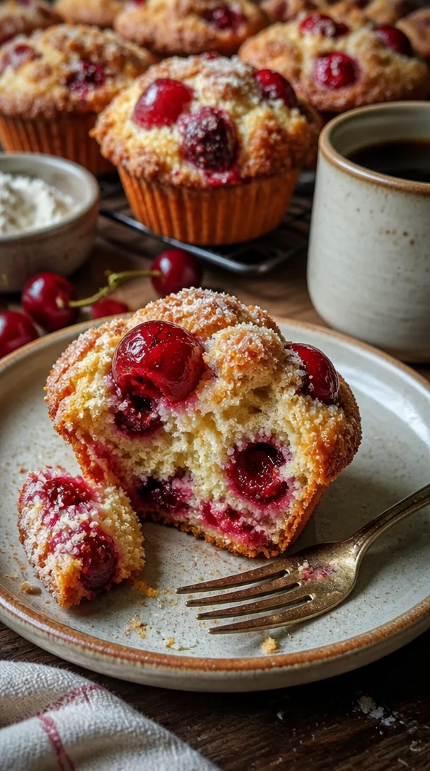 Frische Sauerteig-Kirschmuffins auf einem Holzbrett, verziert mit Kirschen.