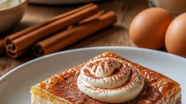 Zimtrollen-Cheesecake-Riegel auf einem weißen Teller, appetitlich angerichtet.