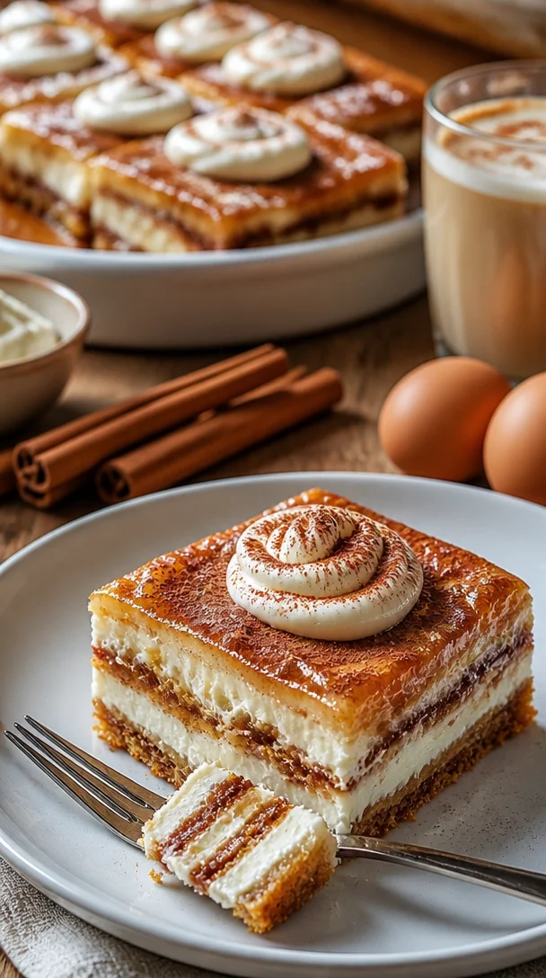 Zimtrollen-Cheesecake-Riegel auf einem weißen Teller, appetitlich angerichtet.