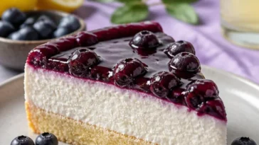 Schmandtorte mit Waldbeeren auf einem weißen Teller dekoriert